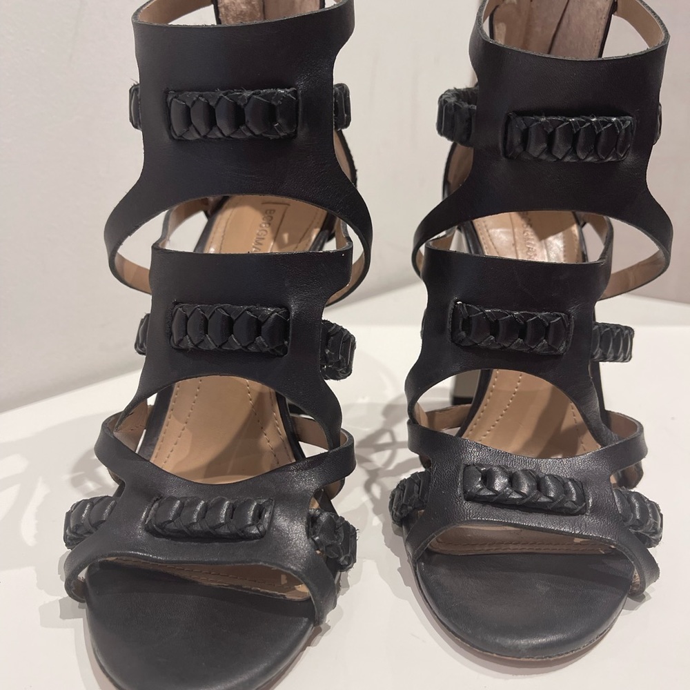BCBG black leather ankle booties size 7 mirror heel